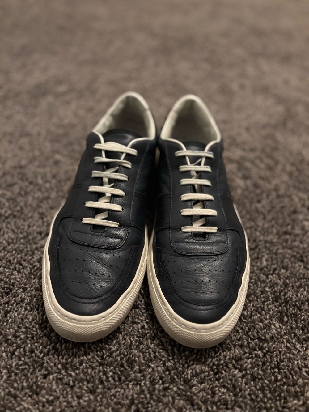 Men's Lace-Up Leather Sneakers in Navy Pebble Grain Leather and Cream
